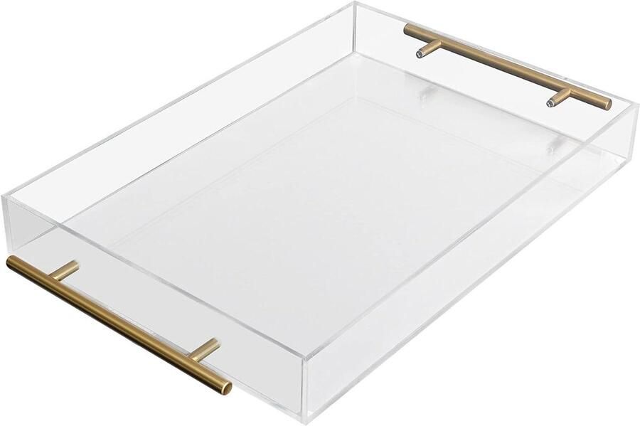Helder Acryl Plastic Serveertray met Gouden Handvatten Grote Rechthoekige Decoratieve Tafel Organizer Thee Koffie Drank Ontbijt & Voedsel Tray 46 x 27 5 cm