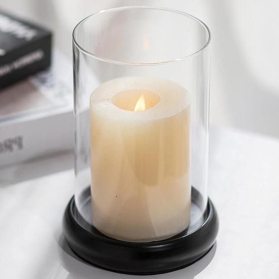 Helder Glas Orkaan Kaars Houder Pilaar Kaars Houder Cilinder Lantaarn Met Metalen Lade Schouw Open Haard Koffie Eettafel Decoratieve Tafelstukken Kerst Bruiloft Zwart