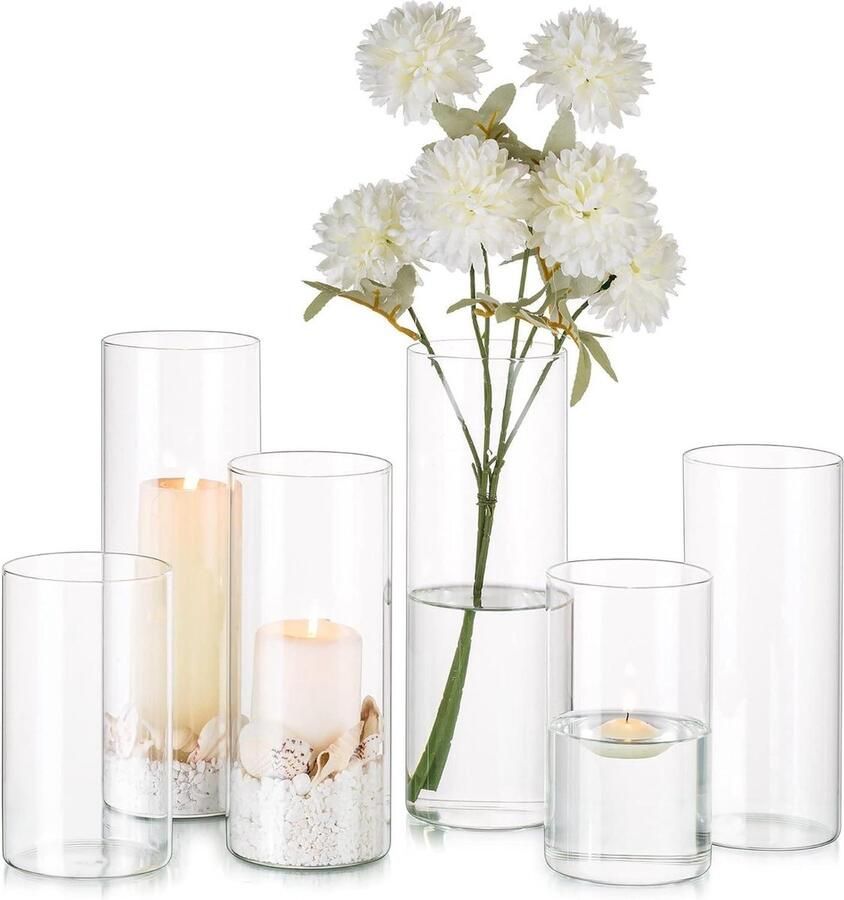 Helder Glazen Cilindervaas Moderne Bloemenvaas Set Van 6 Decoratieve Vaas Voor Bruiloft Tafelstukken Orkaan Vazen Voor Pilaar Kaarsen Tafel Decoratie 15 20 25cm