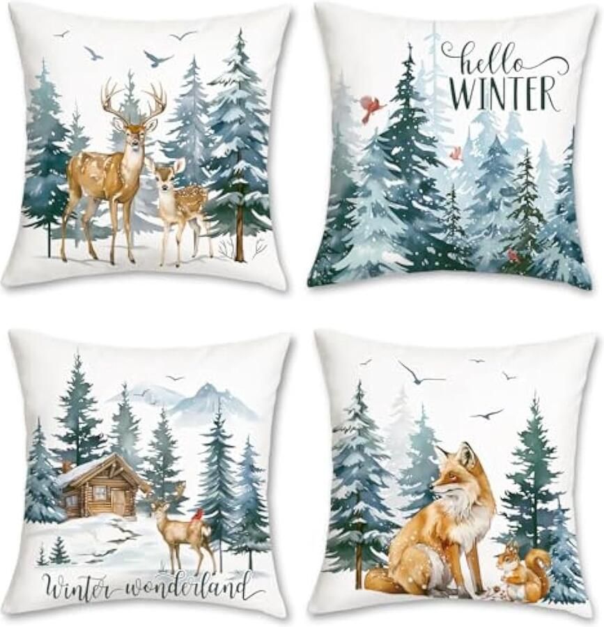 Hello Winter Kussenslopen 45 x 45 cm rendiervos eekhoorn besneeuwde dennenbomen decoratieve sierkussenslopen voor bank bed thuis vakantie decor set van 4