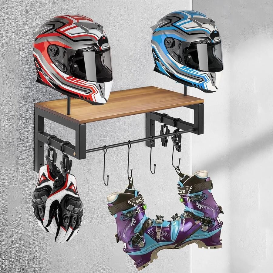 Helmen Opbergrek Motorhelm standaard Wandrek voor Helmen 4-in-1 Massief Dennehout 36kg Draagkracht 4 Haken & 4 Klemmen Voor Garage & Kantoor