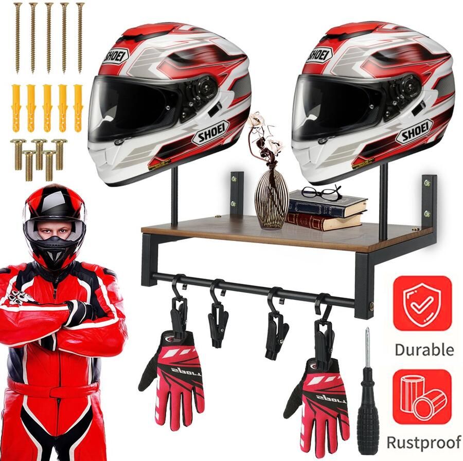 Helmopbergrek Wandrek Voor Helmen Massief Hout & Metaal 20kg Draagkracht Met 4 Haken Eenvoudige Montage Voor Garage & Showroom