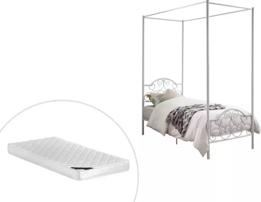 Vente-unique Hemelbed LEYNA 90x190cm Metaal Wit + matras L 198.5 cm x H 211 cm x D 92 cm - Foto 3