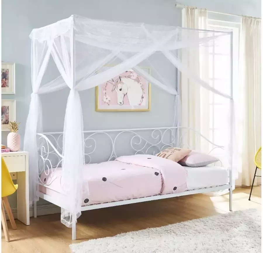 Vente-unique Hemelbed VIVIAN 90 x 200 cm Metaal Wit + Matras L 207 cm x H 209.5 cm x D 96 cm