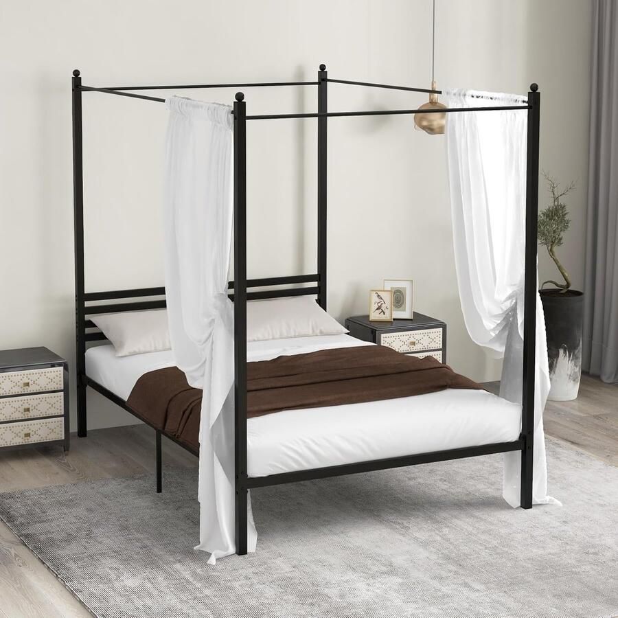 Hemelbedframe 140 x 200 cm dubbele lattenbodem metalen dak platformbed met geruisloze stang opbergruimte onder het bed draagvermogen 300 kg