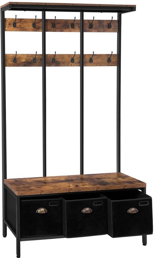 Hennova Kapstok Garderoberek Kledingrek Bankje 12 Haken Met schoenen opslag Hout en metaal Bruin Zwart