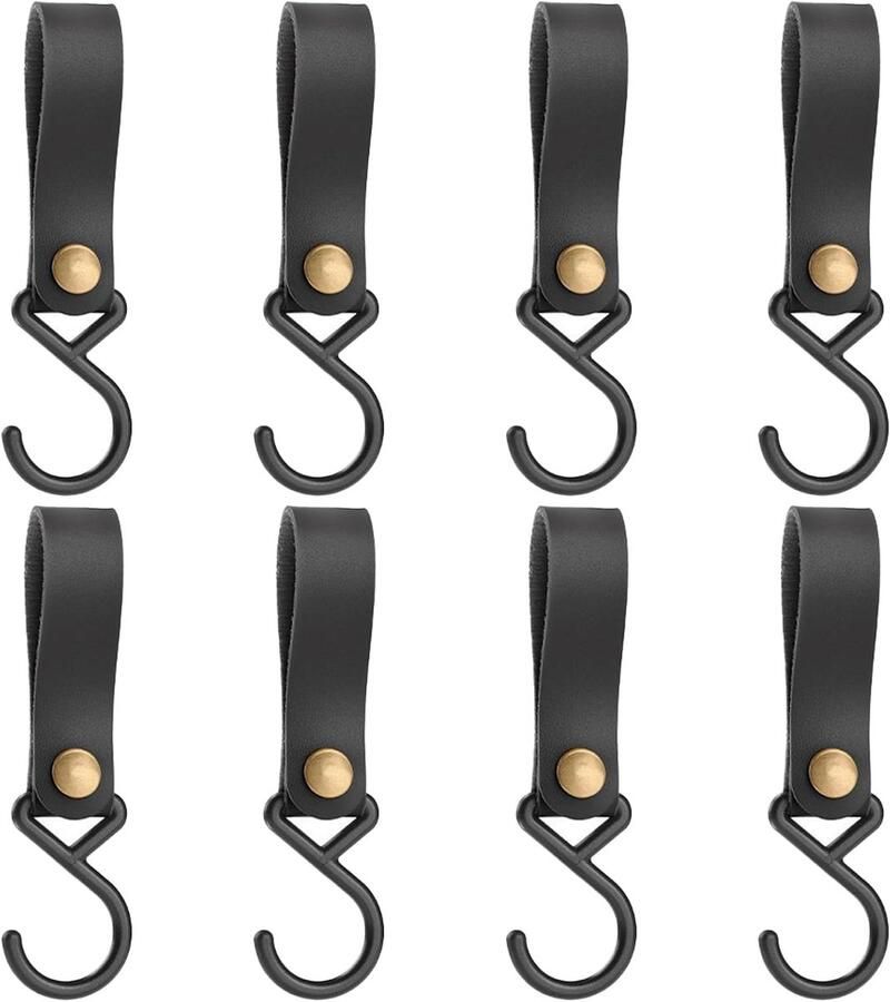 Herbruikbare Haken met Leren Lus Multifunctioneel Zwarte PU Lederen S Haken Draagbare Leren Lus Nylon Haken met Metalen Gesp Voor Kledingkast Jas Keuken Badkamer Kamperen 8 Stuks