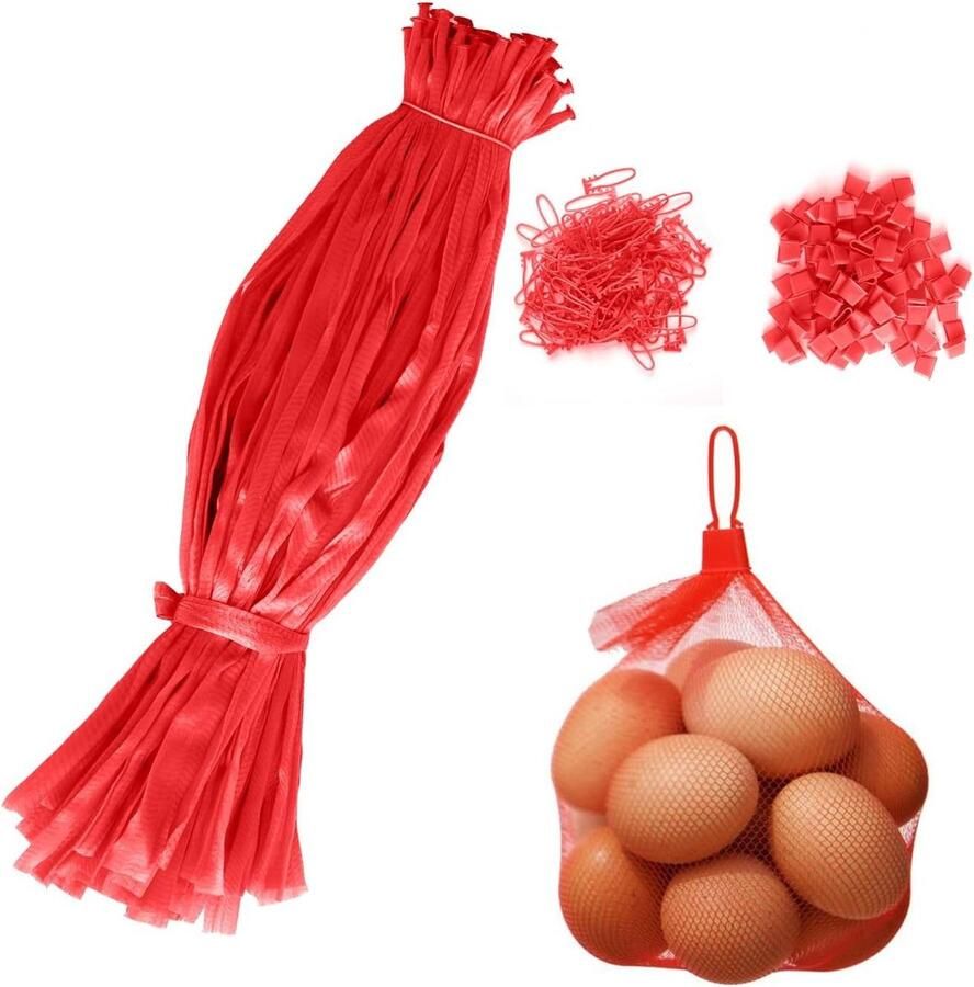 Herbruikbare Netzak Kunststof Nettas met Netgesp Gaas Groenten- en Fruitverpakking Rood 30cm 100 stuks