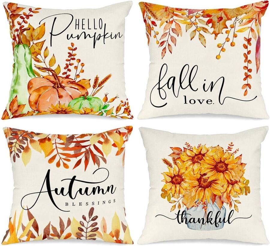 Herfst 40x40 Kussenslopen Set van 4 Pompoen Zonnebloem Decoratieve Vakantie 16x16 Inch Herfst Gooi Kussenslopen Thanksgiving Kussensloop voor Indoor Thuis Slaapkamer Bank Decor 40x40cm
