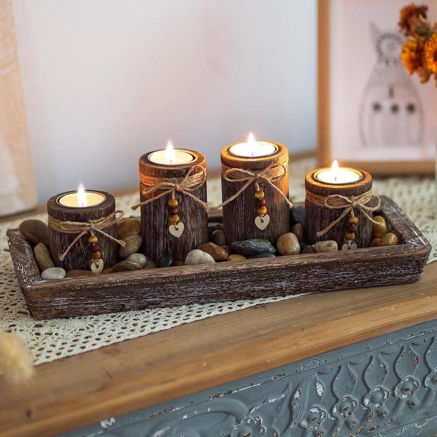 Adventskrans houten kandelaar herfst decoratie kandelaar set met dienblad voor tafeldecoratie herfst decoratie kaarsen boho kandelaar voor adventskrans eettafel vensterbank interieur decoratie