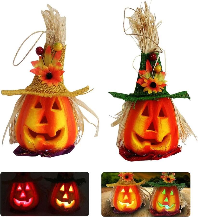 Herfst Decoratie-Sfeerlamp Lampen 2 Stuks Pompoenlantaarn Van Halloween Schuim PompoenKnipperlicht Lantaarn Decoratie Spookhuis Decoratieve Accessoires Tuindecoratie Feestaccessoires