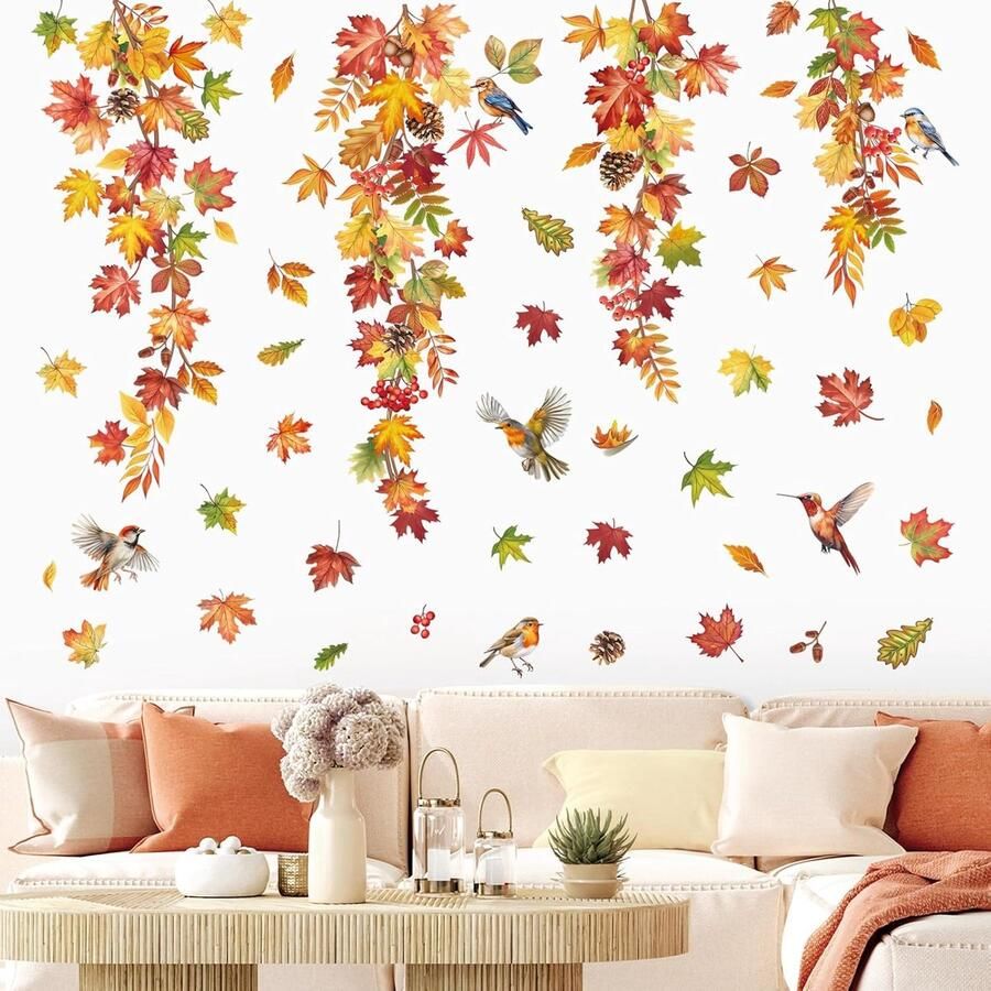 Herfst esdoornbladeren muurstickers herfst opknoping wijnstok vogels muurstickers slaapkamer woonkamer bank tv achtergrond muur decor