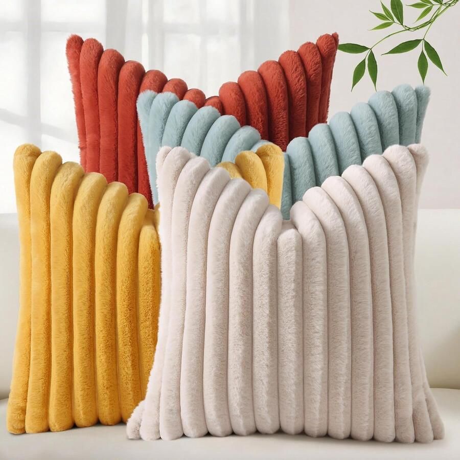 Herfst imitatiebont sierkussenhoezen 4 stuks 40*40cm Decoratieve sierkussenhoezen Moderne zachte pluche gestreepte bankkussenhoezen Met fluwelen achterkant Geschikt voor banken bedden woonkamers 4 kleuren