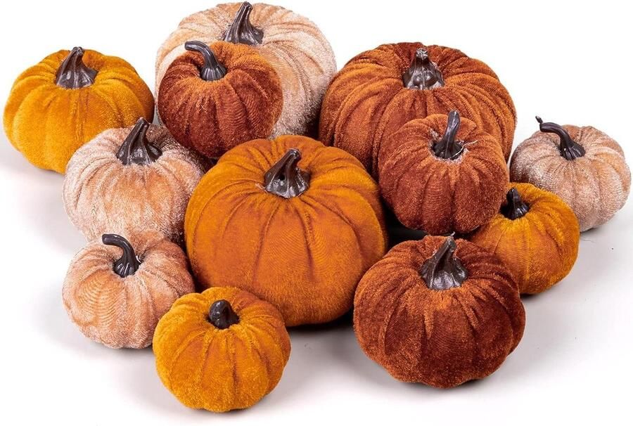 Herfst kunstmatige pompoenen set van 12 ornamenten voor herfst decoratie nep fluwelen pompoen oranje bruin kaki herfst tafel middelpunt oogst Thanksgiving Halloween feestdecoratie