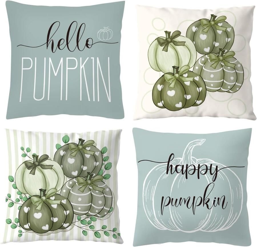 Herfst Kussenhoezen Set van 4 Decoratief 45 x 45 cm Blauw Pompoen Design voor Woonkamer en Bank