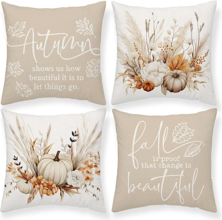 Herfst Kussenslopen 18x18 Aquarel Pompoen en Tarwe Kussenhoes Oogst Decoraties voor Bank en Sofa (Set van 4)