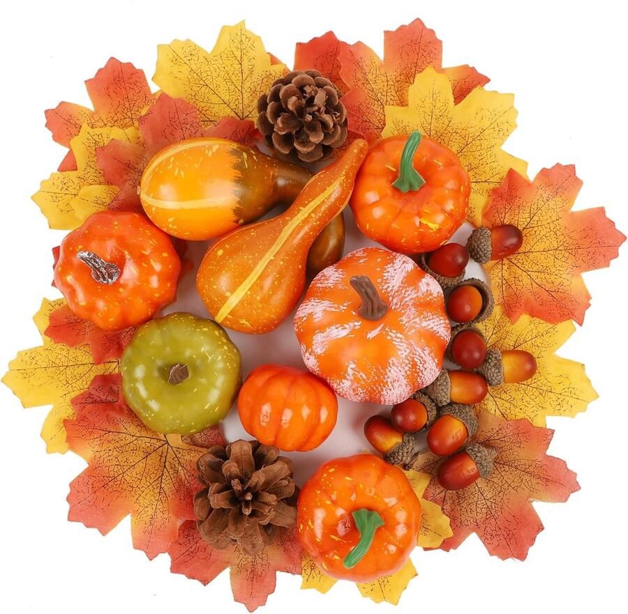 Herfstdecoratie voor thuis 6 mini-pompoenen 2 kalebassen 30 herfstbladeren 10 eikels en 2 dennenappels als middelpunt Thanksgiving oogstdecoraties Geschikt voor eettafels schouwen en feestdecoraties