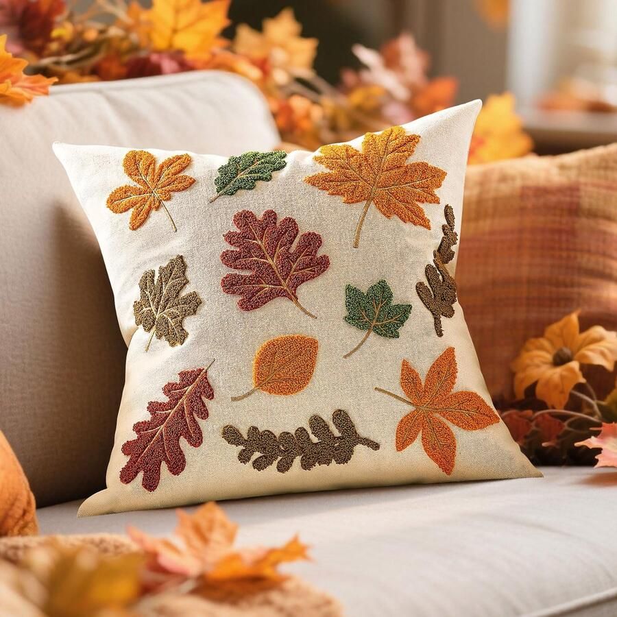 Herfstkussenhoes 45 x 45 cm decoratieve geborduurde kussenhoes esdoornbladeren pompoen kussenhoezen voor bank tuin woonkamer slaapkamer Thanksgiving Day herfstdecoratie