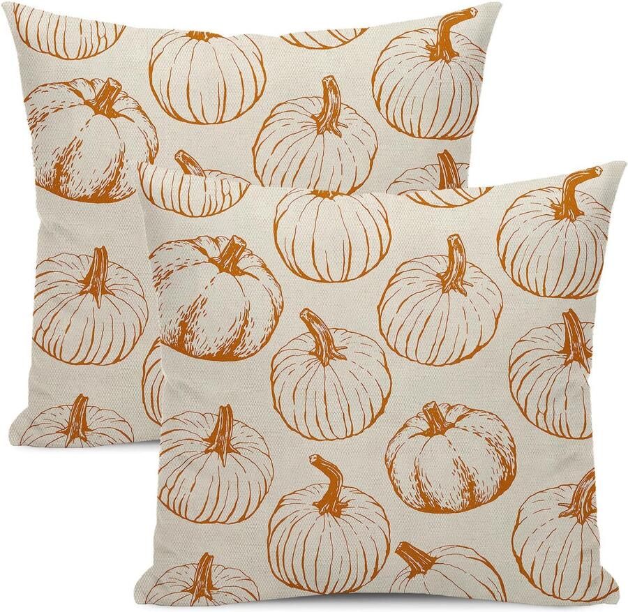Herfstkussenhoezen 45 x 45 cm set van 2 pompoen in de kleur gebrand oranje herfstkussenhoezen Thanksgiving kussenslopen in boerderijstijl decoratieve kussenhoezen van linnen voor buiten voor banken bedden banken woonaccessoires