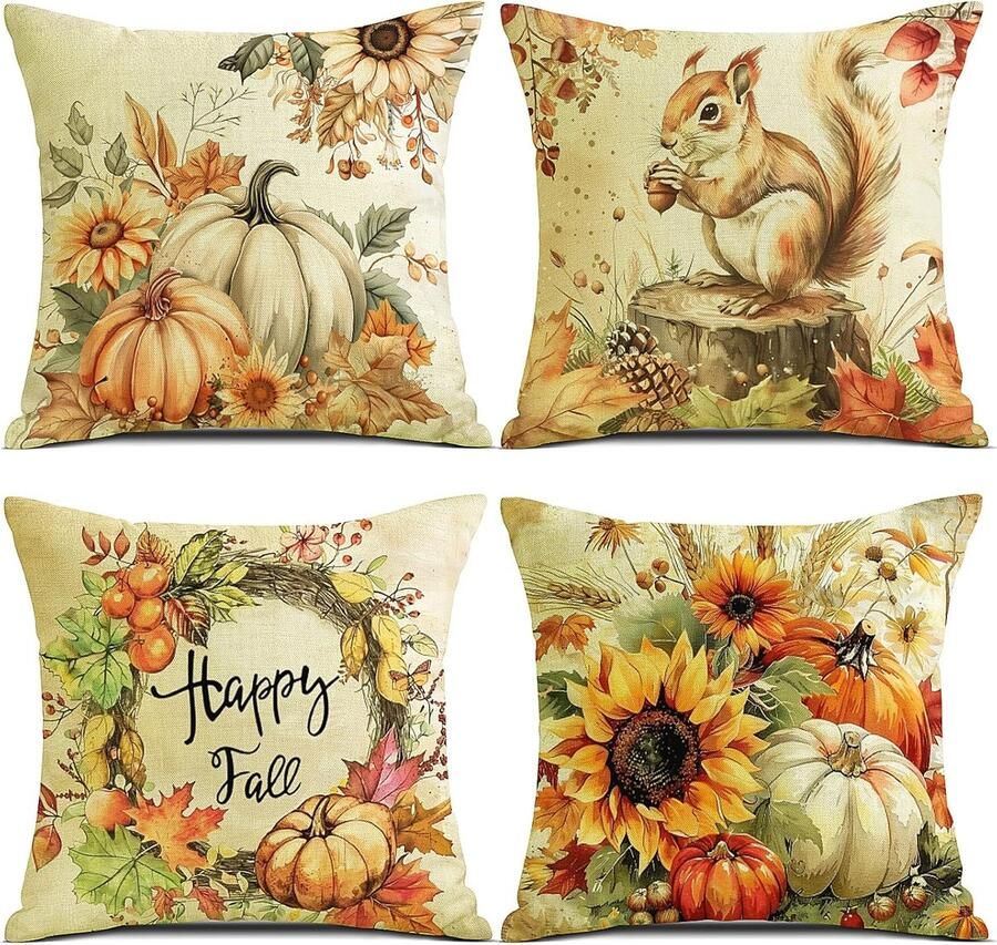 Herfstkussensloop 50 x 50 cm set van 4 kussenslopen herfst pompoen decoratief bankkussen linnen herfstdecoratie outdoor pompoenkussen voor slaapkamer woonkamer bank sierkussen