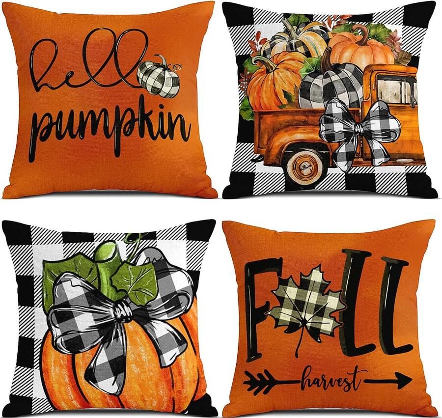 Luvetrex Herfstkussensloop 40 x 40 cm set van 4 kussenslopen herfst pompoen decoratief bankkussen linnen herfstdecoratie outdoor pompoenkussen voor slaapkamer woonkamer bank sierkussen 40 x40