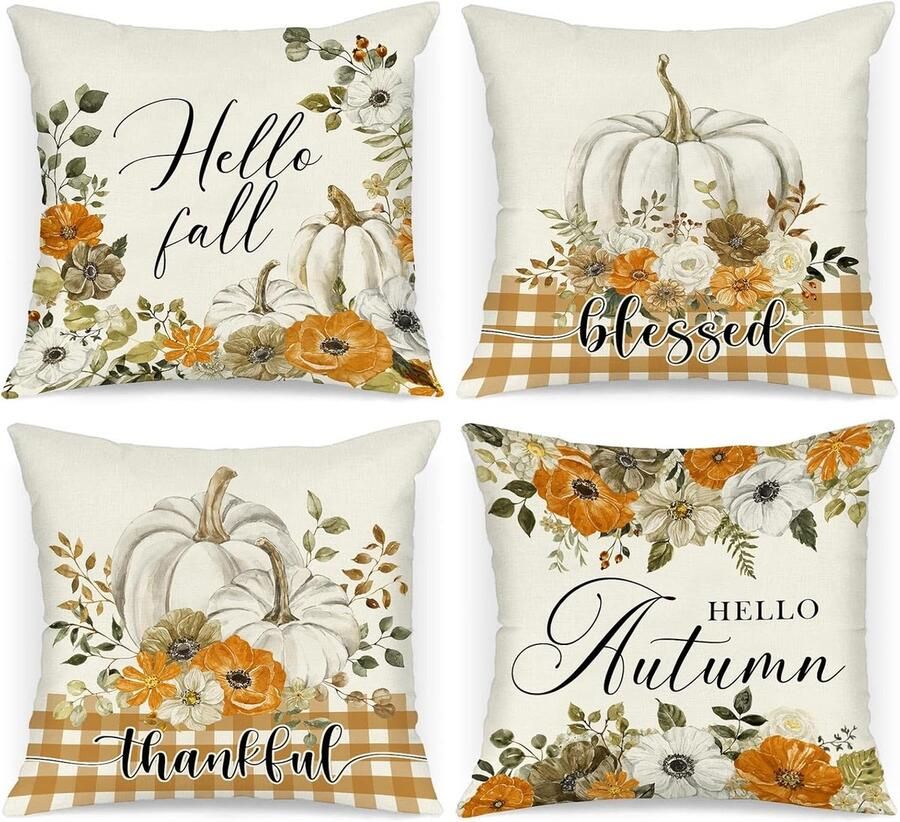 Herfstkussenslopen 45 x 45 cm set van 4 oranje pompoen bloemen decoratieve vakantie kussensloop voor kussenhoezen kussens voor boerderij Thanksgiving Halloween thuis bank bed auto