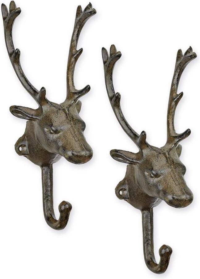 Hertenkop kapstokhaken – Gietijzer – Set van 2 wandhaken kapstokhaken – Robuuste muurhaken met rustieke vintage look – Landelijk & industrieel woondecor – Voor jas sjaal & handdoek – Met bevestigingsgaten