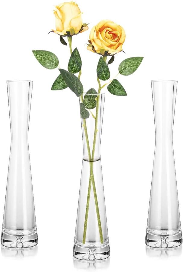Hewory Bloemenvaas Moderne Set van 3 Glazen Vazen 24cm Vaas Slanke Vazen Glazen Bloemenvaas voor Tafeldecoratie Glazen Vaas Handgemaakte Tulpenvaas voor Eén Roos voor Bruiloftsdecoratie Tafeldecoratie Woonkamer Eettafel Thuis