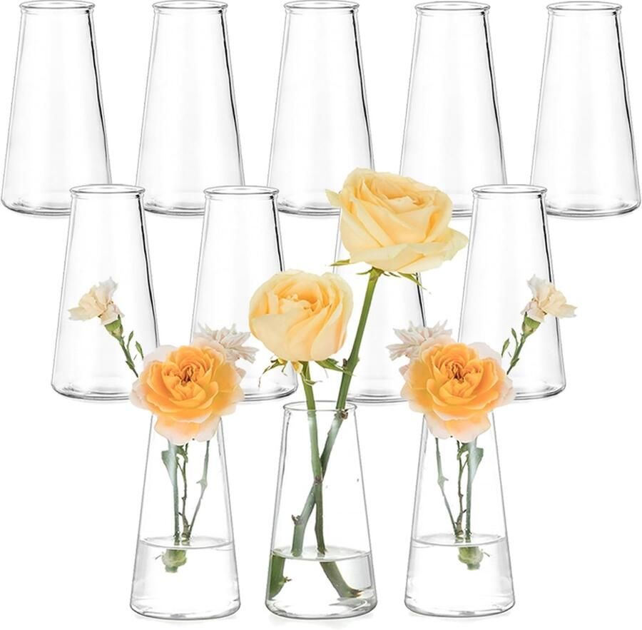Hewory Kleine Glazen Vazen voor Tafeldecoratie Bruiloft: 12 Kleine Vazen Set Heldere Bloemenvaas Moderne Glazen Vaas voor Bruiloft Decoratie Eettafel Bruiloft