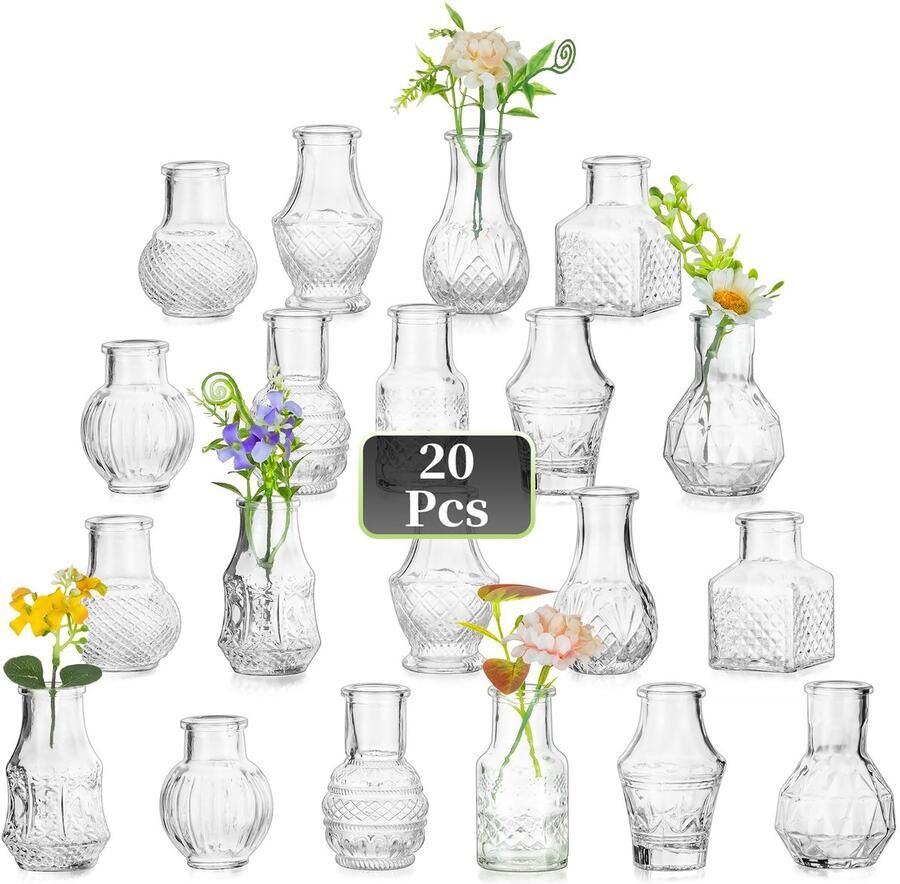 Hewory Kleine Vazen voor Tafeldecoratie Bruiloft: 20 Kleine Vazen Set Mini Vaas voor Bevestigingsdecoratie Vintage Vaas Glas Mini Vazen Glas voor Decoratie Woonkamer Bruiloft Decoratie Tafel Thuis Bruiloft