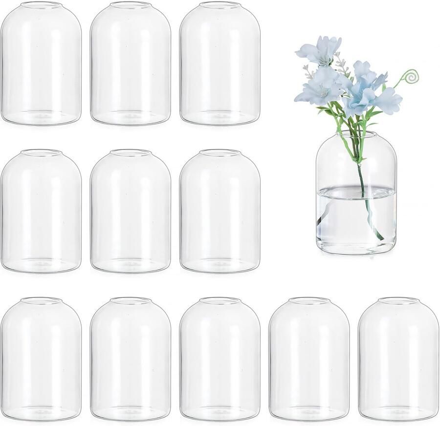 Hewory Kleine Vazen voor Tafeldecoratie Bruiloft: Set van 12 Vazen Glazen Vaas Rond voor Bruiloft Decoratie Tafel Schattige Bloemenvaas Moderne Kleine Glazen Vazen voor Kawaii Decoratie Woonkamer Bruiloft Feest Verjaardag