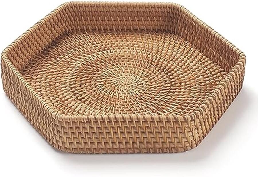 Hexagon Rattan Tray for Coffee Table Woven Decorative Basket for Ottoman