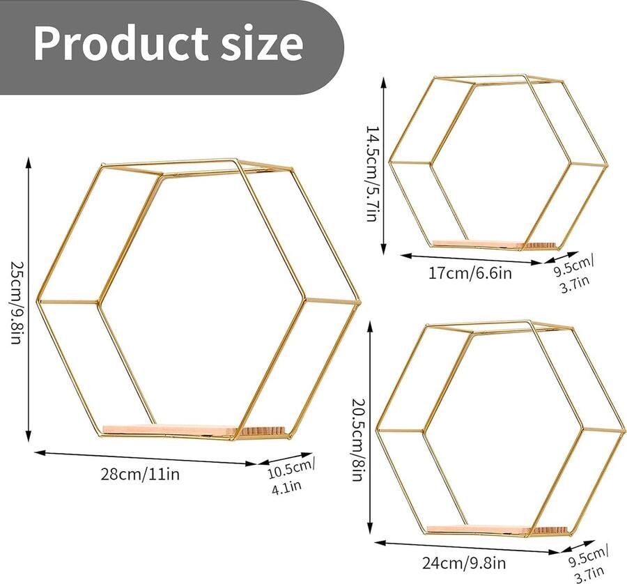 Senza Marchio Hexagon Wandrek 3-delige set hangrek metaal en hout zwevende planken wandopslag organizer voor keukenrek badkamer slaapkamer wanddecoratie (goud)