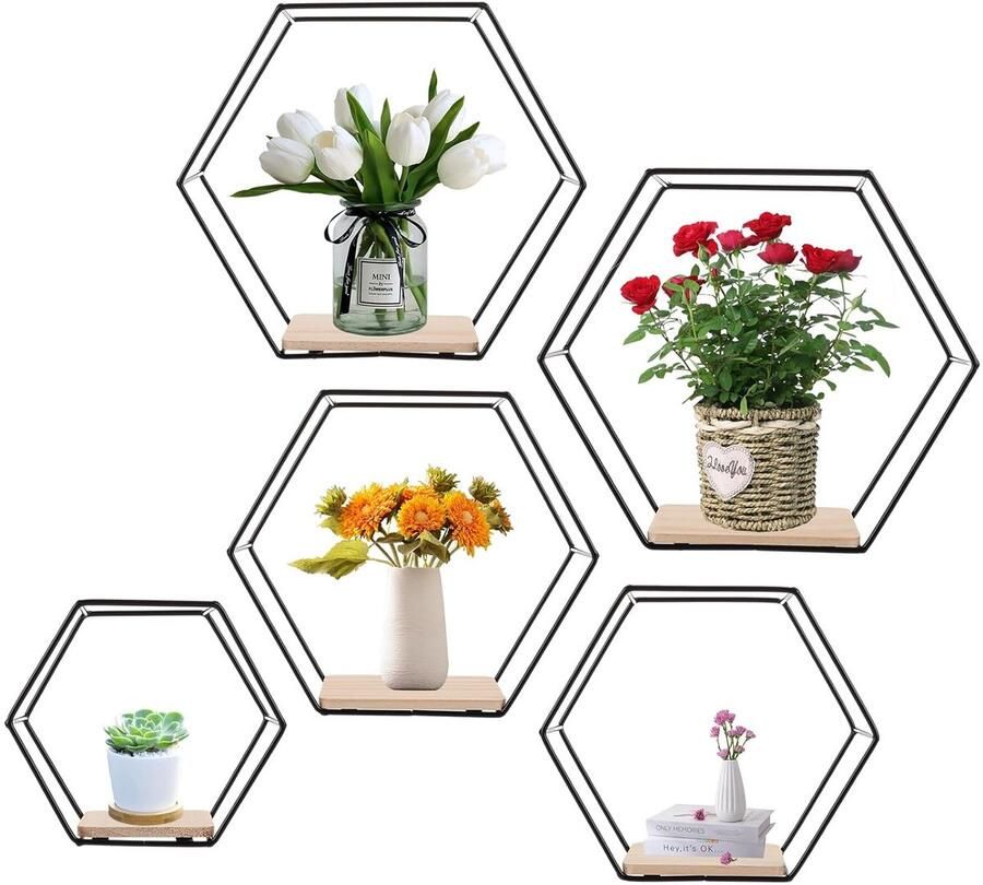Hexagon wandrek 5 stuks zwart metaal en hout