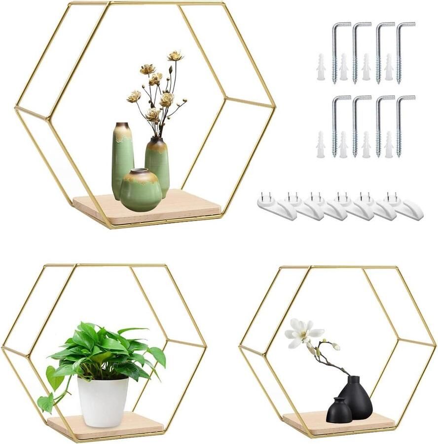Hexagon Wandrek metaal set van 3 zwevende planken in 3 maten voor woonkamer goudkleurige wanddecoratie