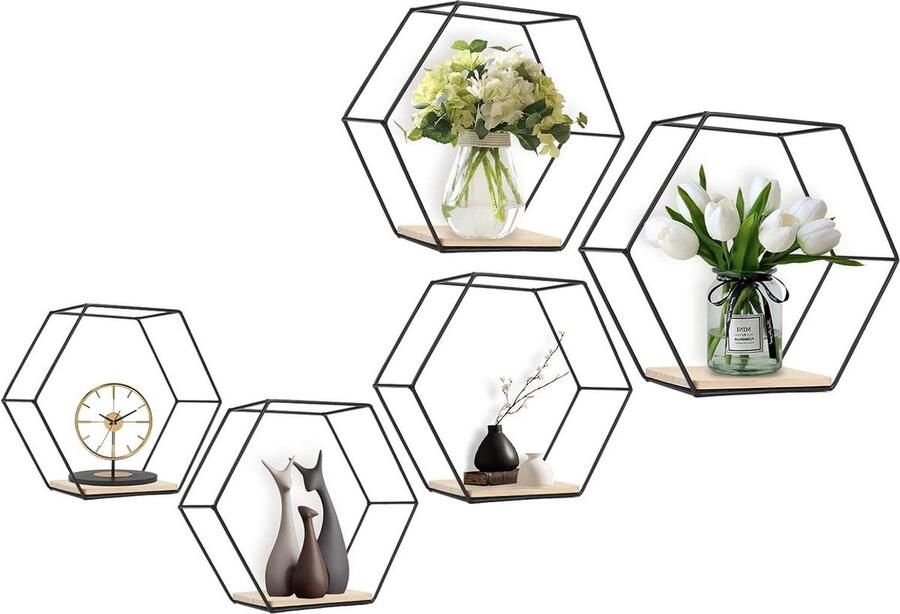 Hexagon Wandrek Set wanddecoratie 5-delige set metaal en hout