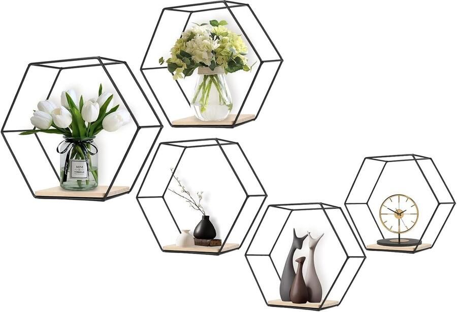 Hexagon Wandrek Wanddecoratie 5 stuks Metaal en Hout