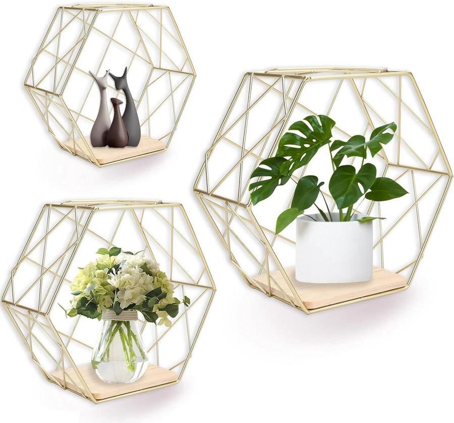 Hexagon Wandrek wanddecoratie geschikt voor woonkamer slaapkamer keuken 3 maten goud hout en metaal