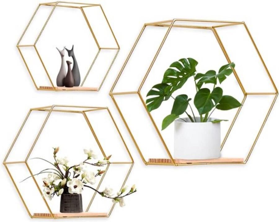Hexagon Wandrek wanddecoratie set van 3 gouden metaal