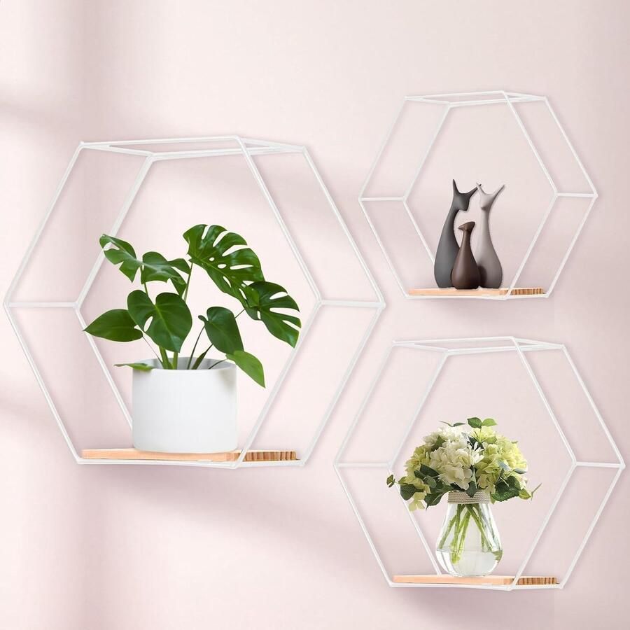 Hexagon Wandrek Wanddecoratie Set van 3 Wit Metaal