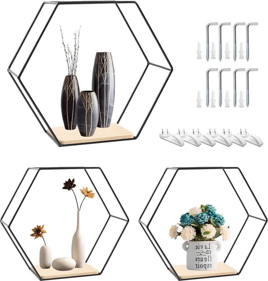 Hexagon Wandrek wanddecoratie set van 3 zwart metaal