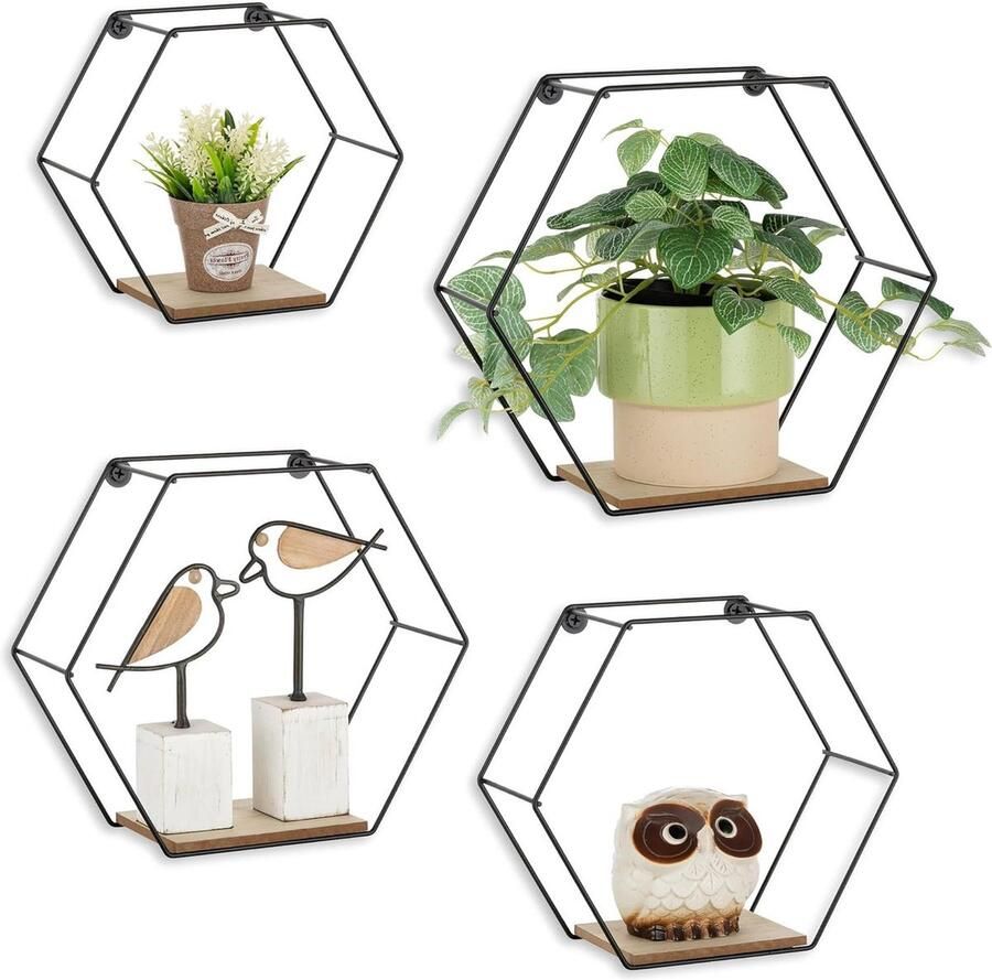 Hexagon Wandrek Wanddecoratie Set van 4 Zwart Metaal