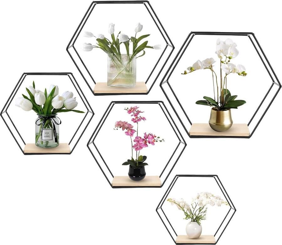 Hexagon Wandrek Wanddecoratie Set van 5 Zwart Metaal