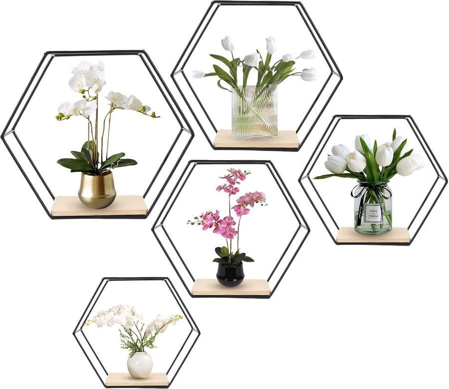 Hexagon Wandrek Wanddecoratie Set van 5 Zwart Metaal
