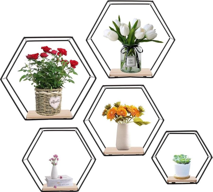 Hexagon Wandrek zwart 5-delige set metaal en hout zeshoekig zwevend rek voor woning kantoor café en hotel wanddecoratie hexagon shelves