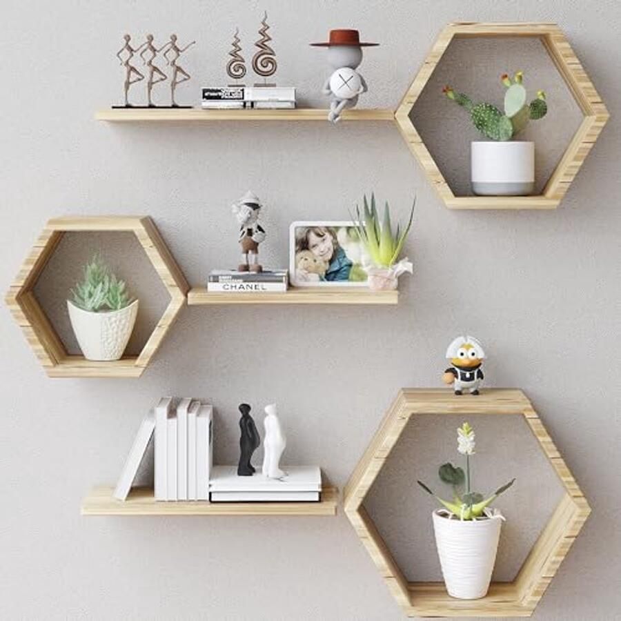 Hexagonale Floating Planken Set van 6 Wandplanken van Hout voor Bloemen en Foto's Stijlvolle Decoratie voor Elke Kamer