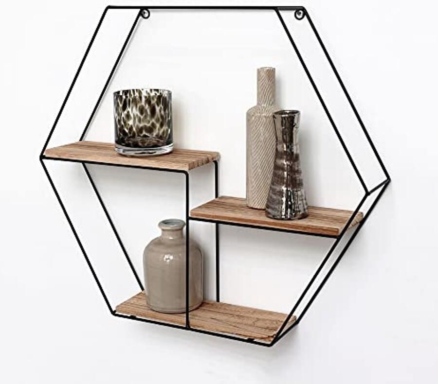 Hexagonale Metalen Wandplank met 3 Houten Planken 48 x 55 x 10 cm Modern Wanddecoratie voor Woonkamer en Slaapkamer