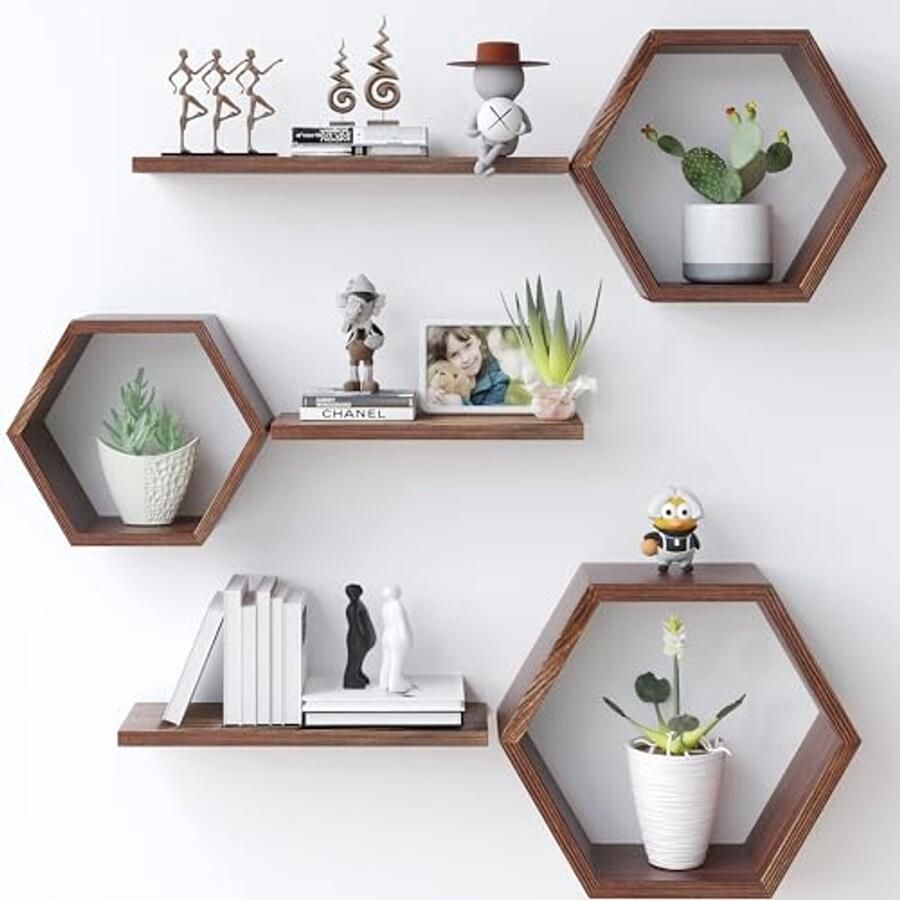 Hexagonale Wandplanken Set van 6 Houten Drijvende Planken voor Planten en Foto's