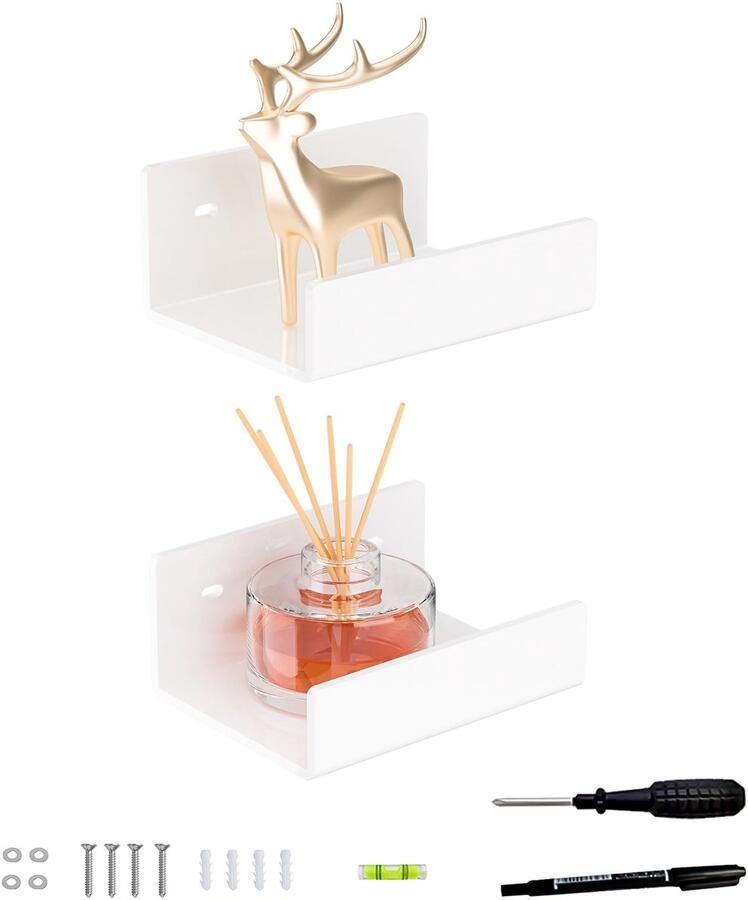 Hexsonhoma 13 cm U-vormige witte acryl wandplanken (2-pack) kleine acrylplanken voor boeken woonaccessoires digitale klokken luidsprekers en toiletartikelen