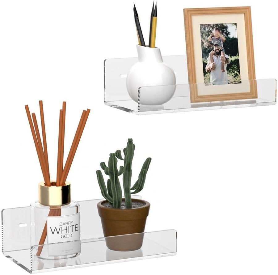 Hexsonhoma 18CM helder acryl wandplankje (2-pack) zwevende planken voor boeken woonaccessoires digitale klok luidspreker en wijnfles